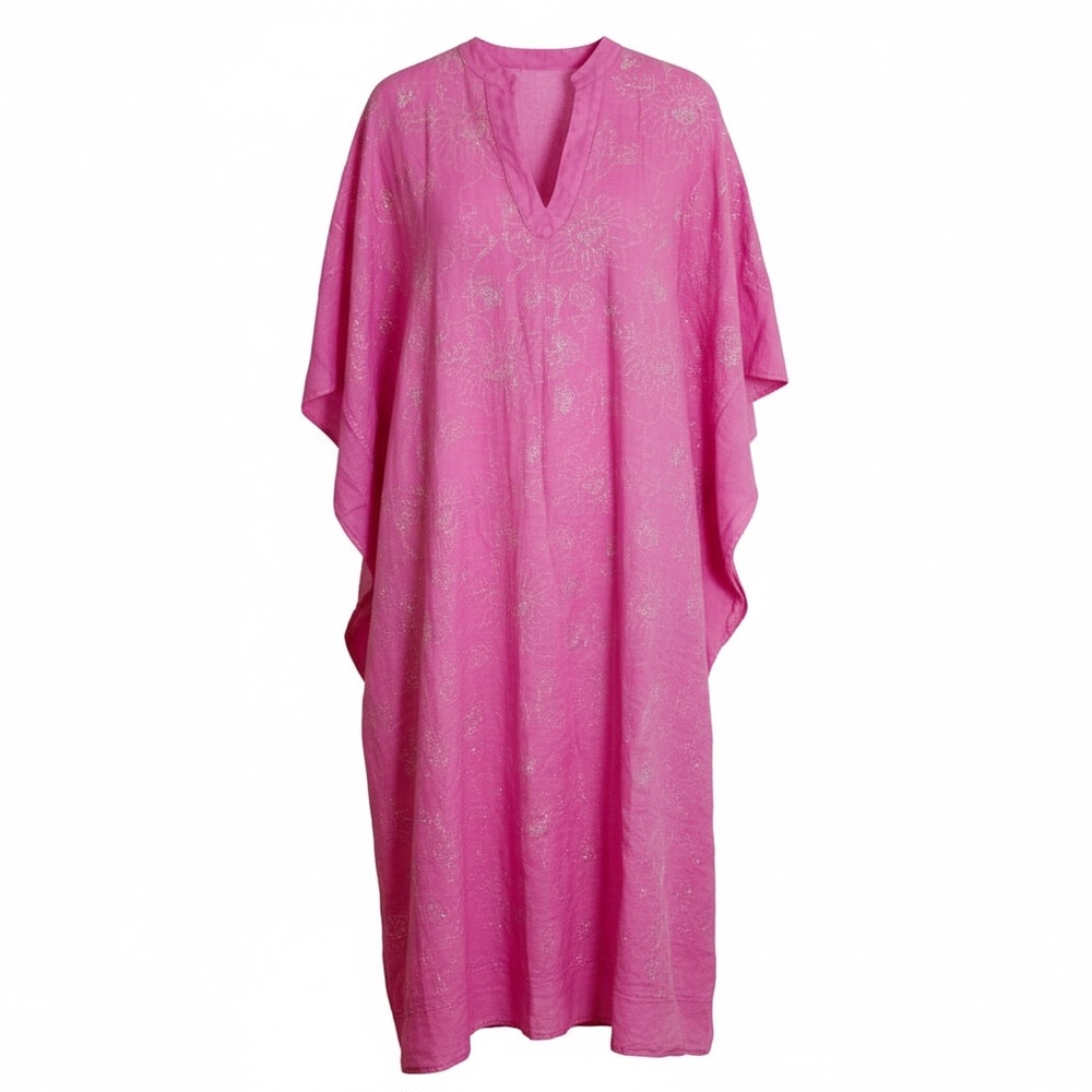 NWT 120% Lino Pink Linen‎ Kaftan Dress Pink Sequin Embroidered Design